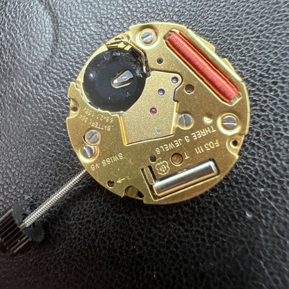 Swiss ETA F03.111 quartz watch movement with 3 hands and date at 6 o'clock, precision timekeeping.
