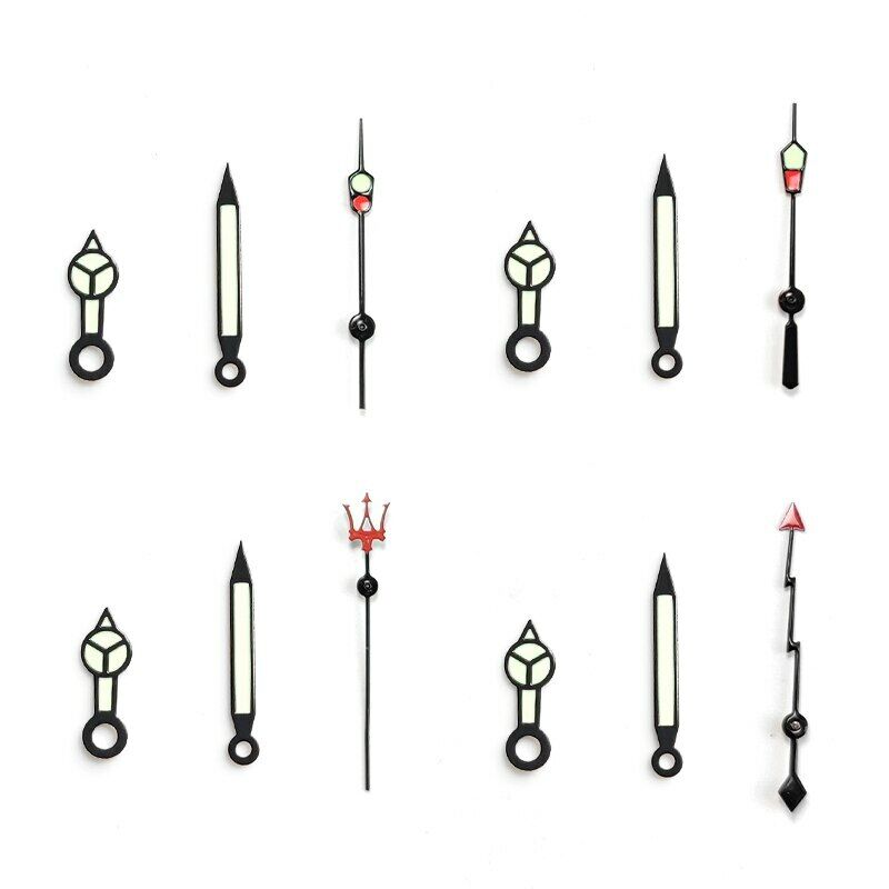 Green luminous watch hands set with pins for SKX007/009 NH35 movement, enhancing dial visibility.
