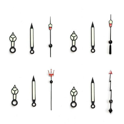 Green luminous watch hands set with pins for SKX007/009 NH35 movement, enhancing dial visibility.
