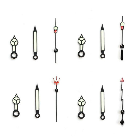 Green luminous watch hands set with pins for SKX007/009 NH35 movement, enhancing dial visibility.