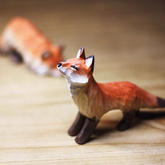 Handmade Head Up Fox Wooden Figurine Sculpture Decorative Collectible Artwork