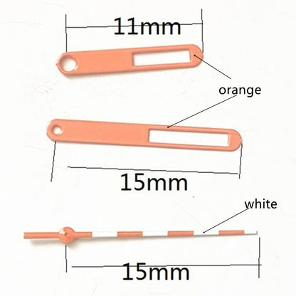 15mm hollow orange and white trimmed watch hands for Ronda 515 movement, precise fit and style.