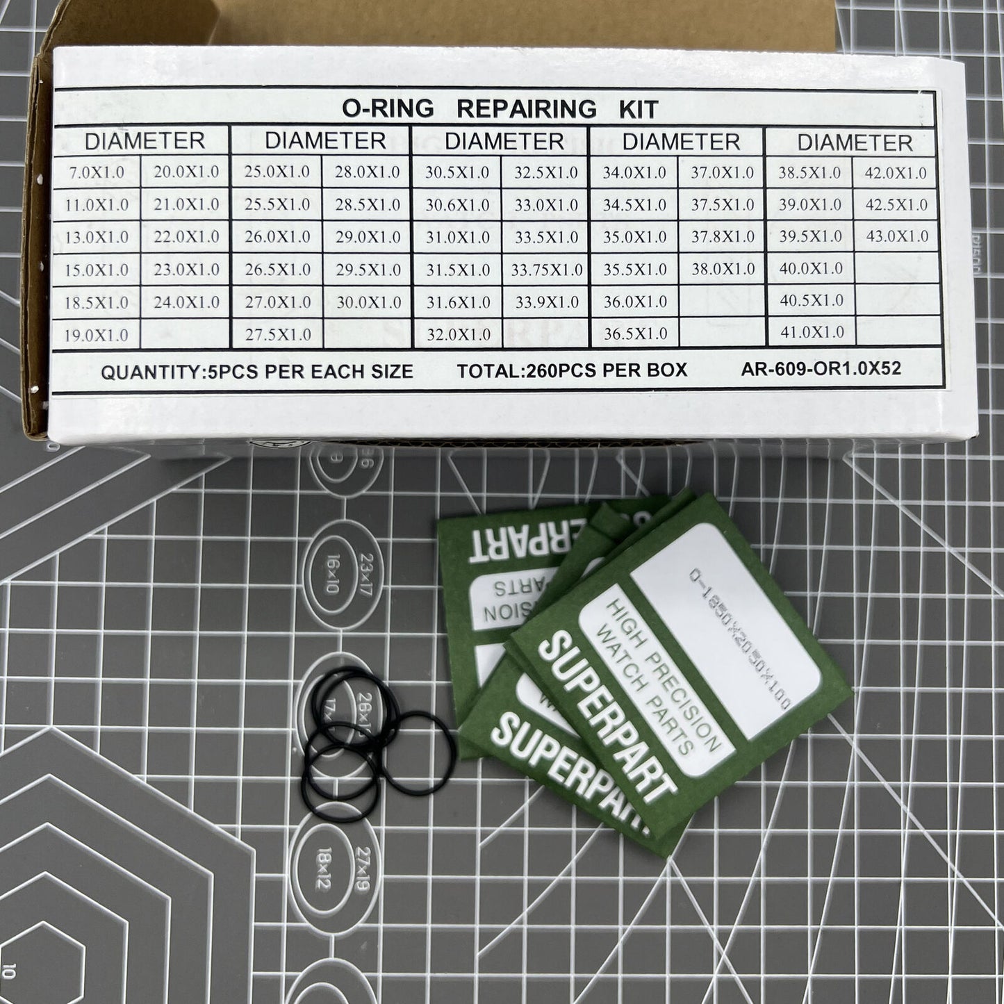 Kit de joints toriques étanches pour fond de montre, épaisseur 1,0 mm, 52 tailles, 260 pièces 