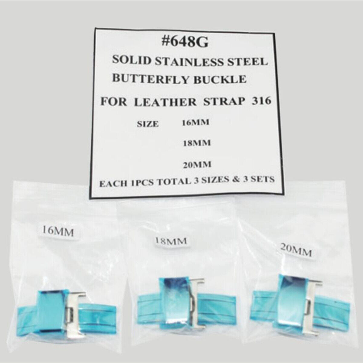 Set of 3 stainless steel butterfly buckles, 16-20mm, for men's leather watch straps. Durable and sleek.