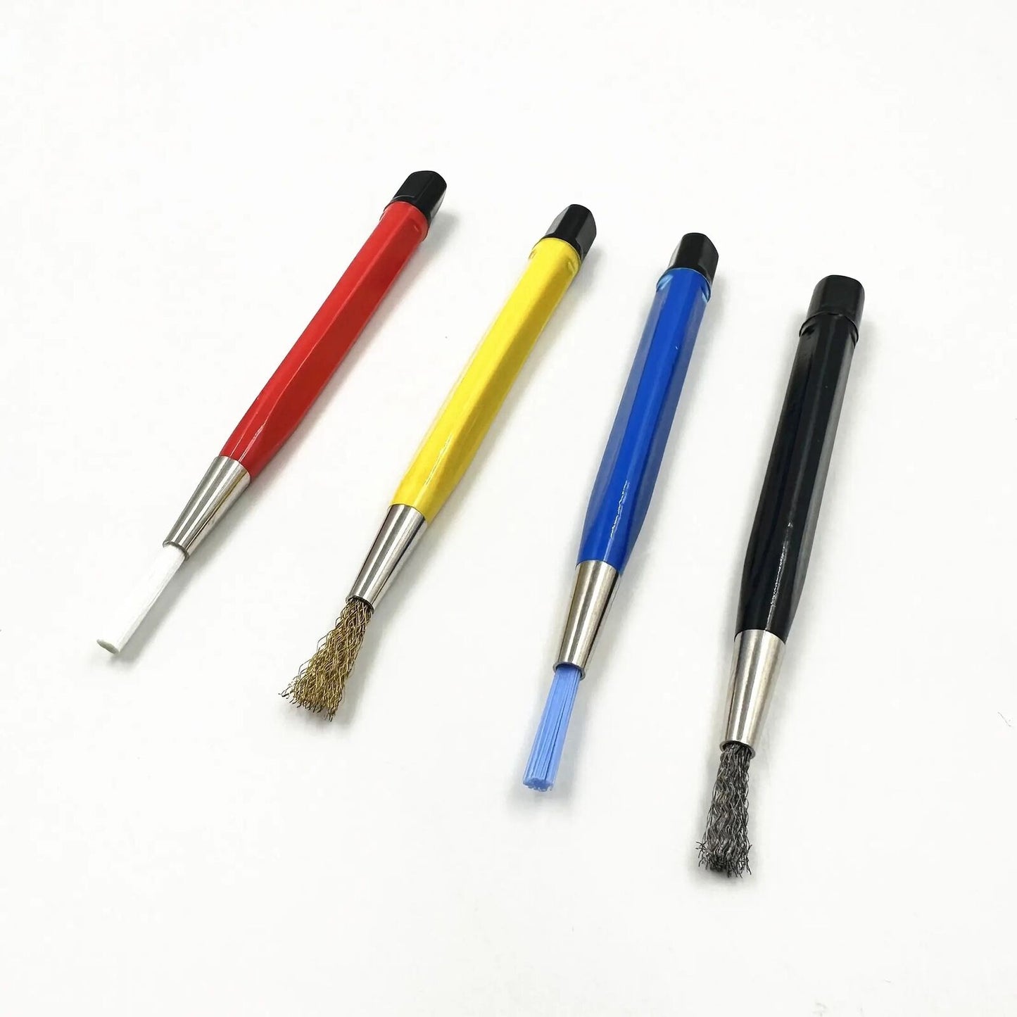 Set of 4 scratch brushes with glass, steel, and nylon bristles for electronic watch repair.