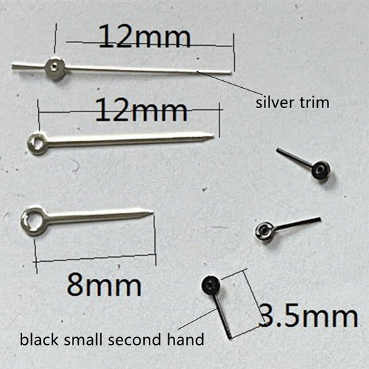 Aiguille de seconde de 12 mm avec garniture argentée noire pour mouvement VD53, VD54 et VD57
