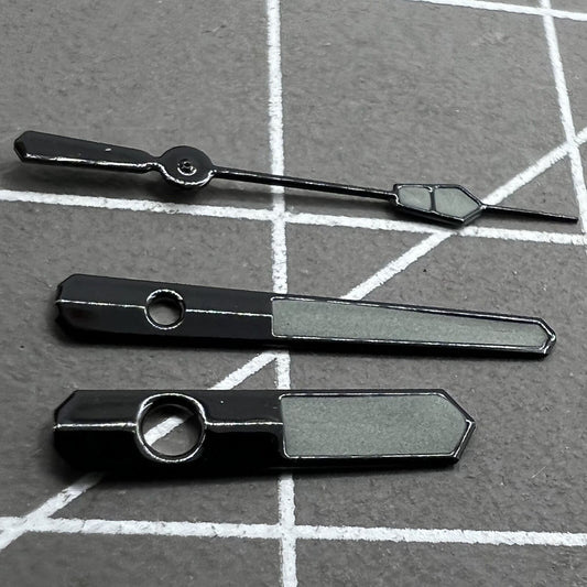 Black trim grey painted watch hands with green lume for NH35 NH36 movements, perfect for upgrades.