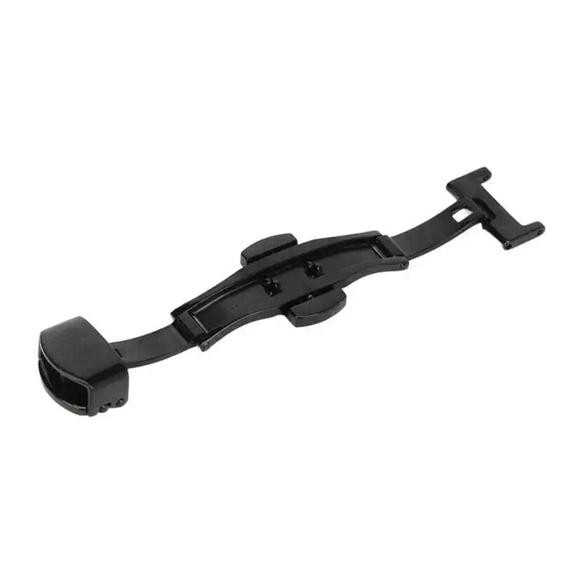 Black stainless steel double push button watch clasp buckle, durable and secure for leather and silicone straps.