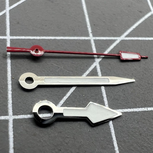 Arrow-shaped silver trim watch hands with red second hand and green lume, compatible with NH35 NH36 movements.