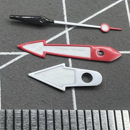 Red and white arrow-shaped watch hands with green luminous trim, compatible with NH35 NH36 movement.