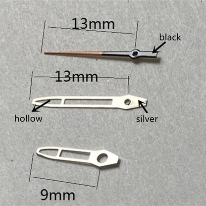 Silver trimmed hollow arrow 13mm watch hands, compatible with Miyota 2315, 2035, 2036, 2115, 2305 movements.