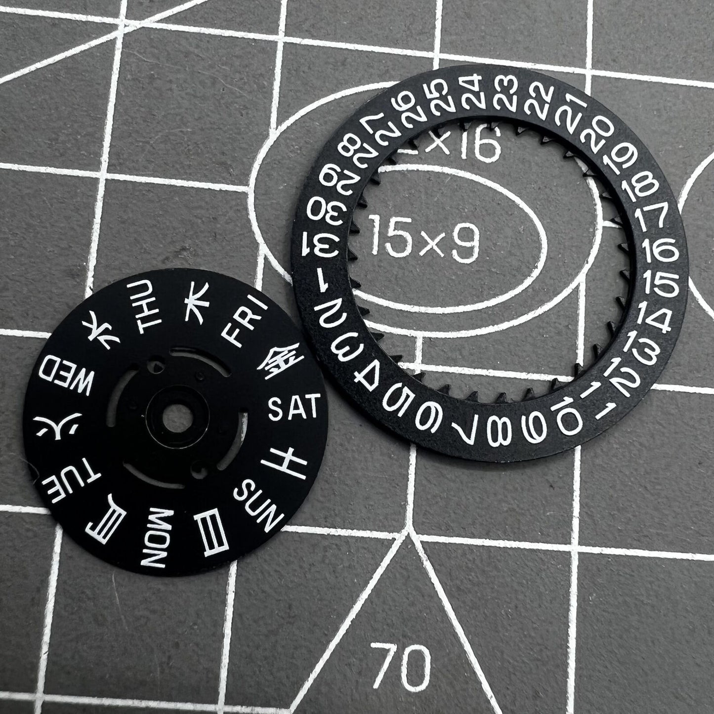Green lume date and week wheels for NH36 movement, precise watch accessory for easy date reading.