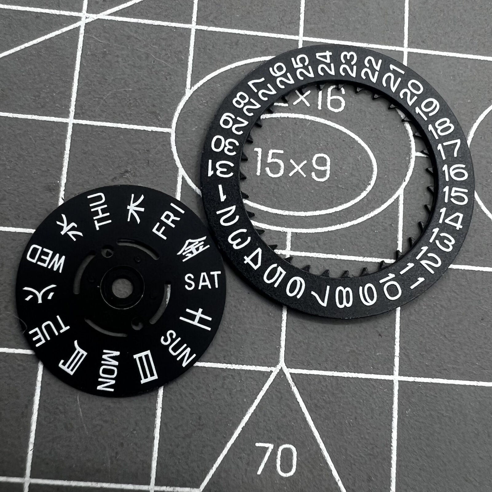 Green lume date and week wheels for NH36 movement, precise watch accessory for easy date reading.