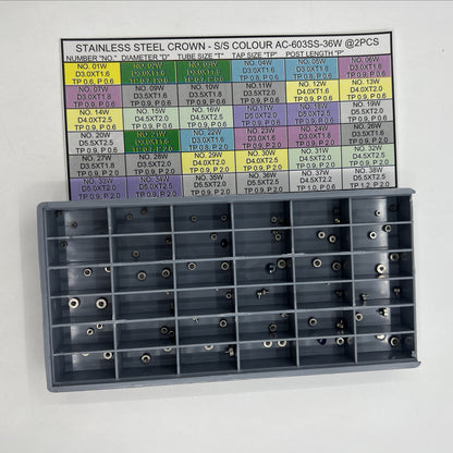 Box of 72 PIECES 36 Sizes Stainless Steel Silver Watch Crown Assortment Kit