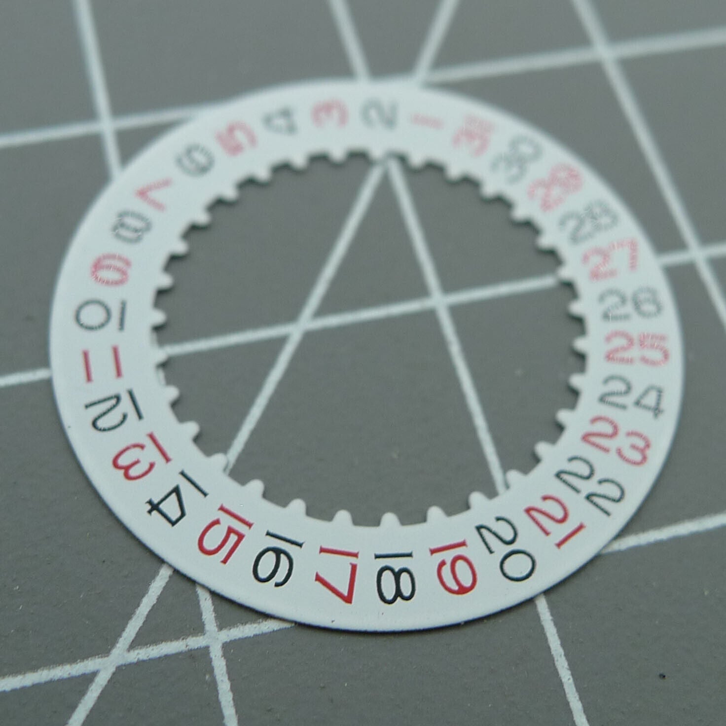 Red odd number date wheel for RLX 3135 watch movement, compatible replacement part.