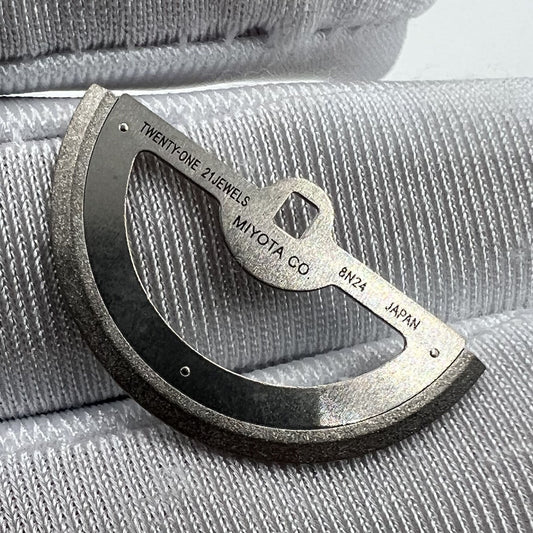Silver rotor oscillating weight for 8N24 movement, generic fit watch part enhancing automatic winding.