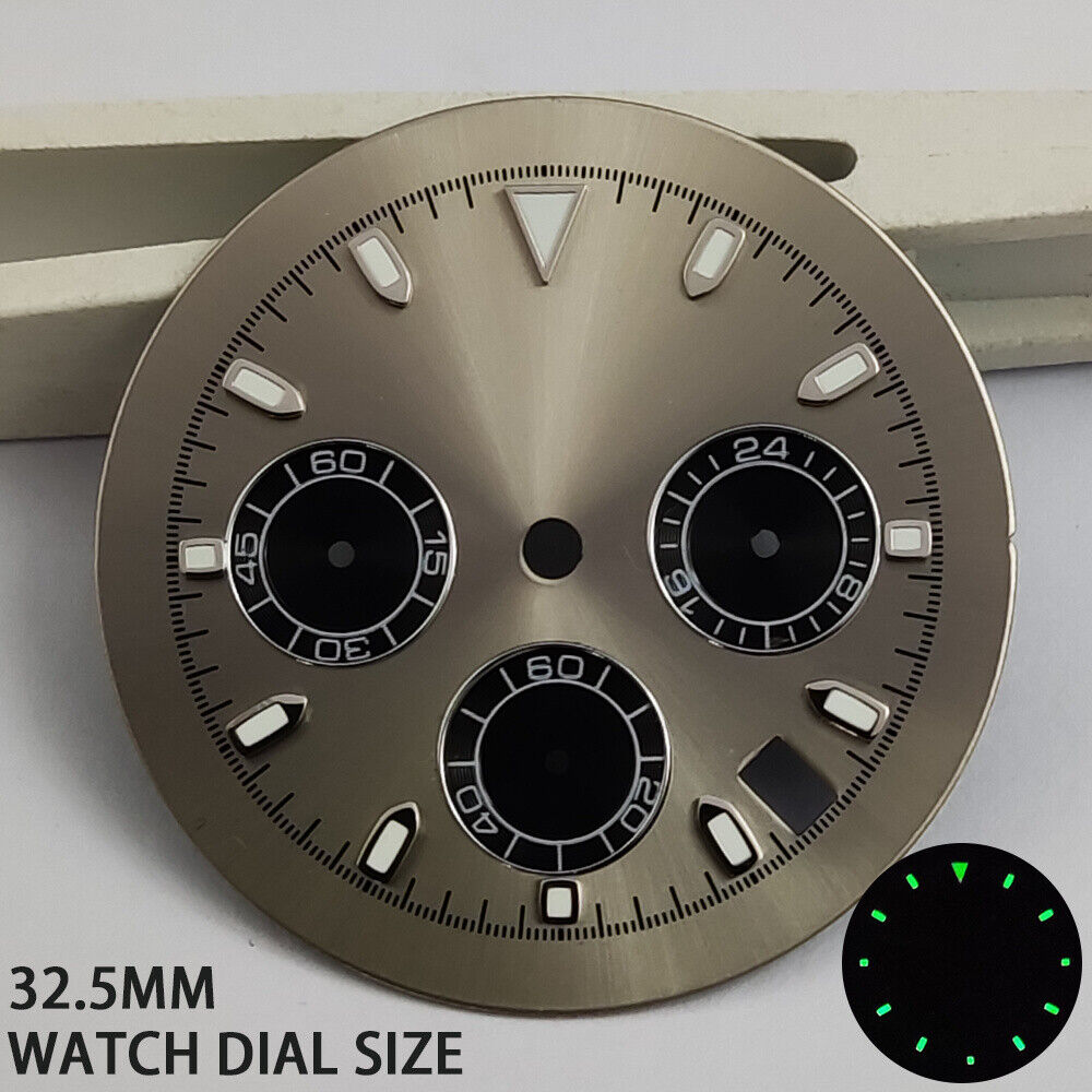 Green luminous matted grey watch dial for VK63 quartz movement, ideal for watch repairs.