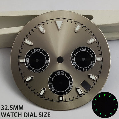 Green luminous matted grey watch dial for VK63 quartz movement, ideal for watch repairs.
