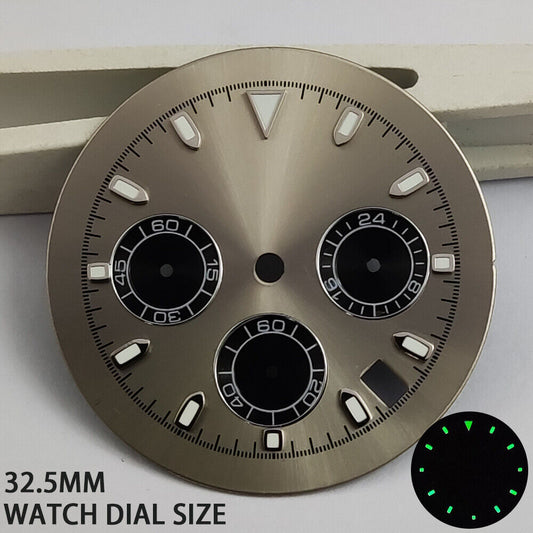 Green luminous matted grey watch dial for VK63 quartz movement, ideal for watch repairs.