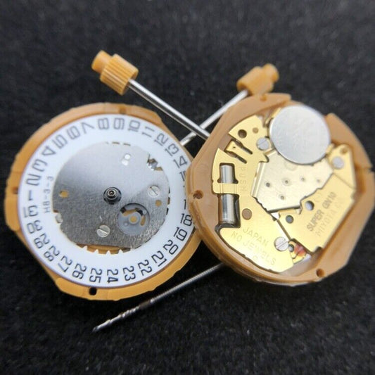 Miyota GN10 quartz watch movement with date display at 3 and 6 o'clock positions