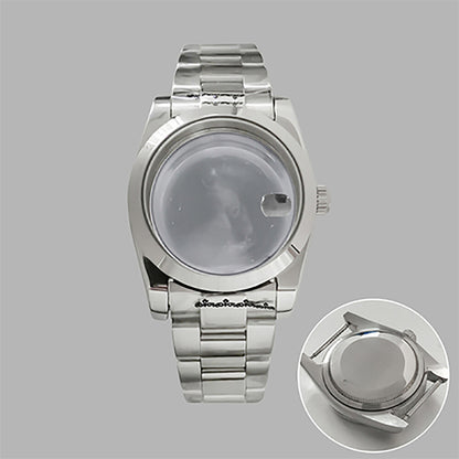 36mm stainless steel watch case and strap with transparent calendar window, compatible with NH35/36 movements.