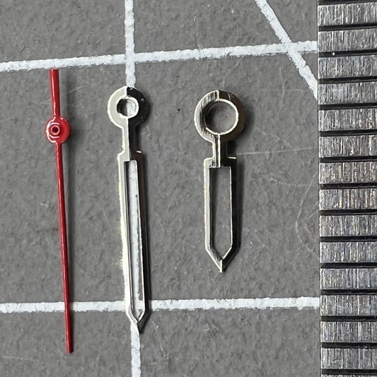 Red second watch hands set for Miyota 2035 movement, sizes 16mm, 13mm, and 9mm, precision fit.