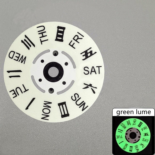 Green luminous week wheel disk for NH36 watch movement, dual Chinese-English day display, white background.