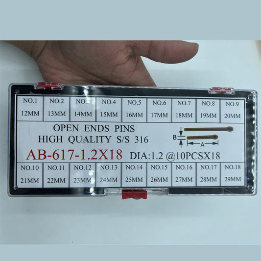 Stainless steel open end pins kit, sizes 12-29mm, 180pcs by Dia, ideal for watch repairs and accessories.