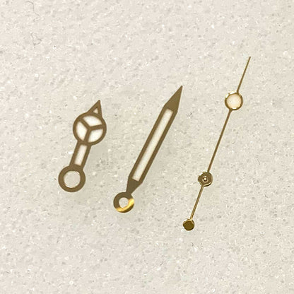 Golden trim blue luminous watch hands set for NH35 NH36 movement, boosting style and night visibility.