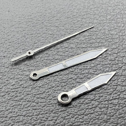 Set of green luminescent watch hands with silver trim, 10x14x14mm, for Ronda 515.