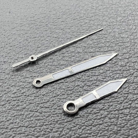 Set of green luminescent watch hands with silver trim, 10x14x14mm, for Ronda 515.