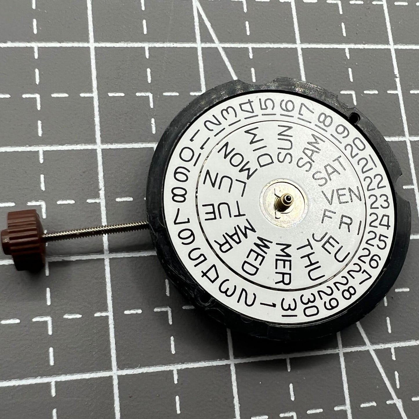 Ronda 507 quartz watch movement with English dial, Swiss precision for accurate timekeeping by Ronda.