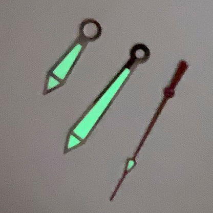 Green luminous watch hands set by B11 for NH35A/NH36A/4R36 movements, sizes 8/12.5/12.5mm.