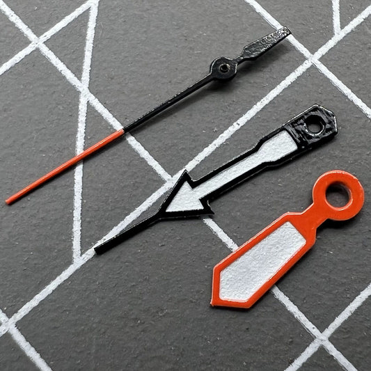 Orange and blue trimmed white painted watch hands compatible with Miyota 2315, 2035, 2036, 2115, 2305 movements.