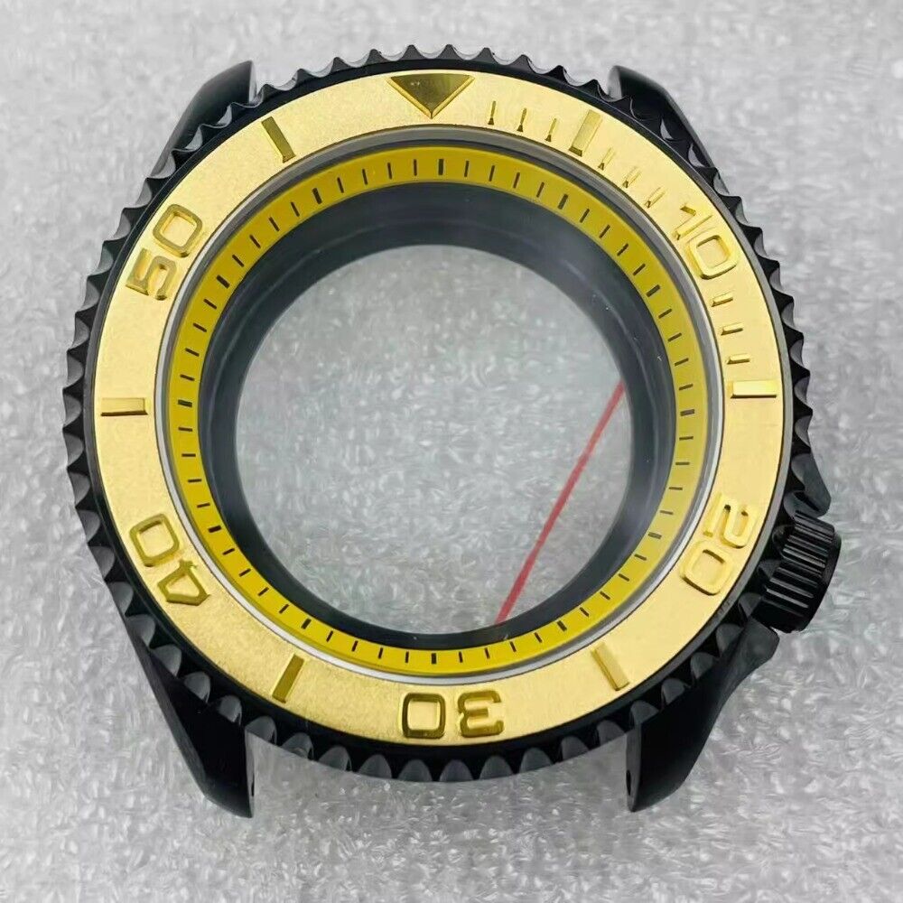 Modified 42mm black watch case with yellow bezel, 316L stainless steel, sapphire glass for NH36 movement.