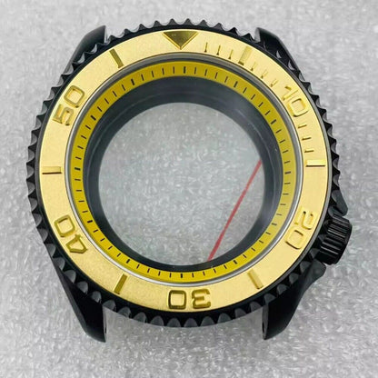 Modified 42mm black watch case with yellow bezel, 316L stainless steel, sapphire glass for NH36 movement.