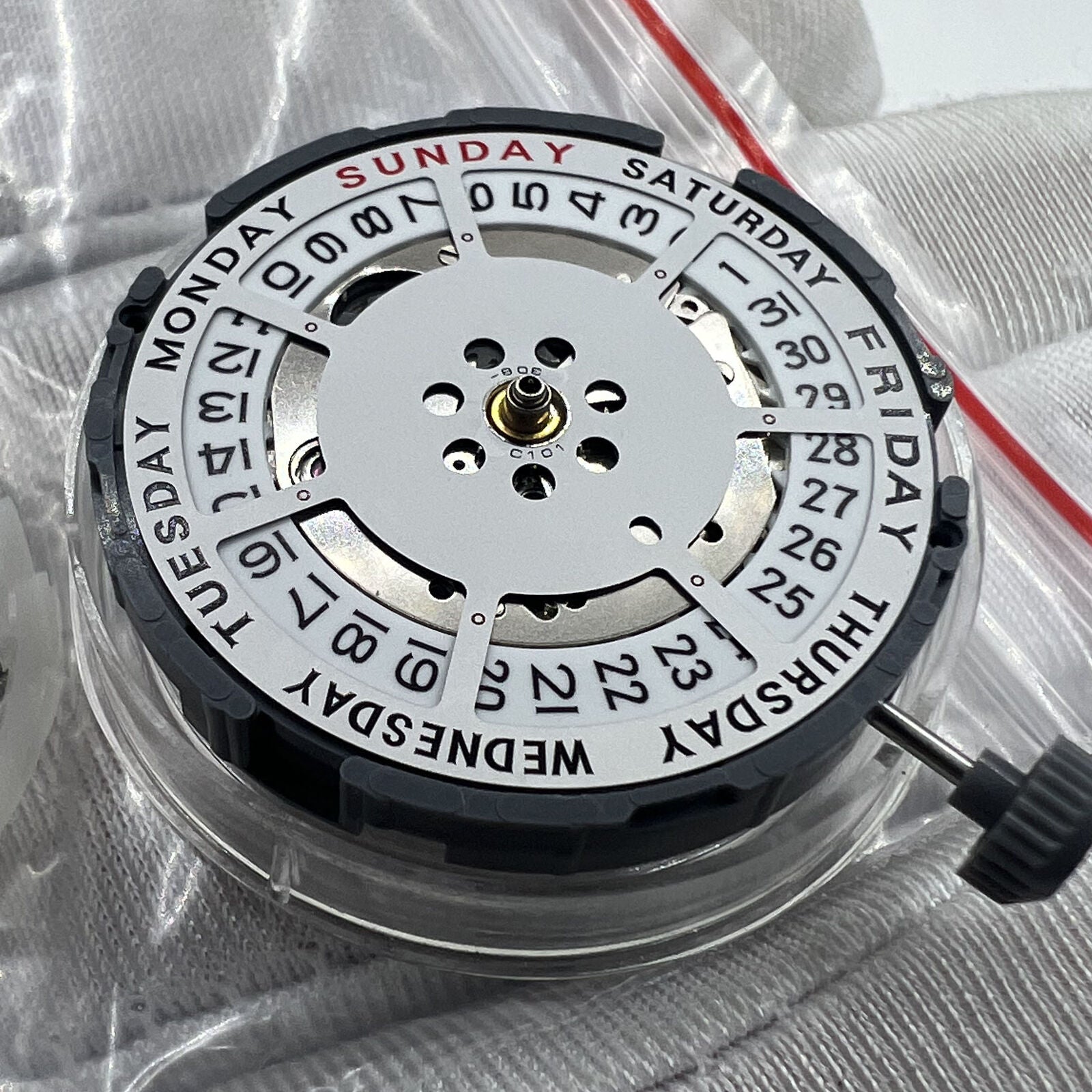 Close-up of Japan Made Miyota 8285 automatic mechanical watch movement showcasing precision engineering.