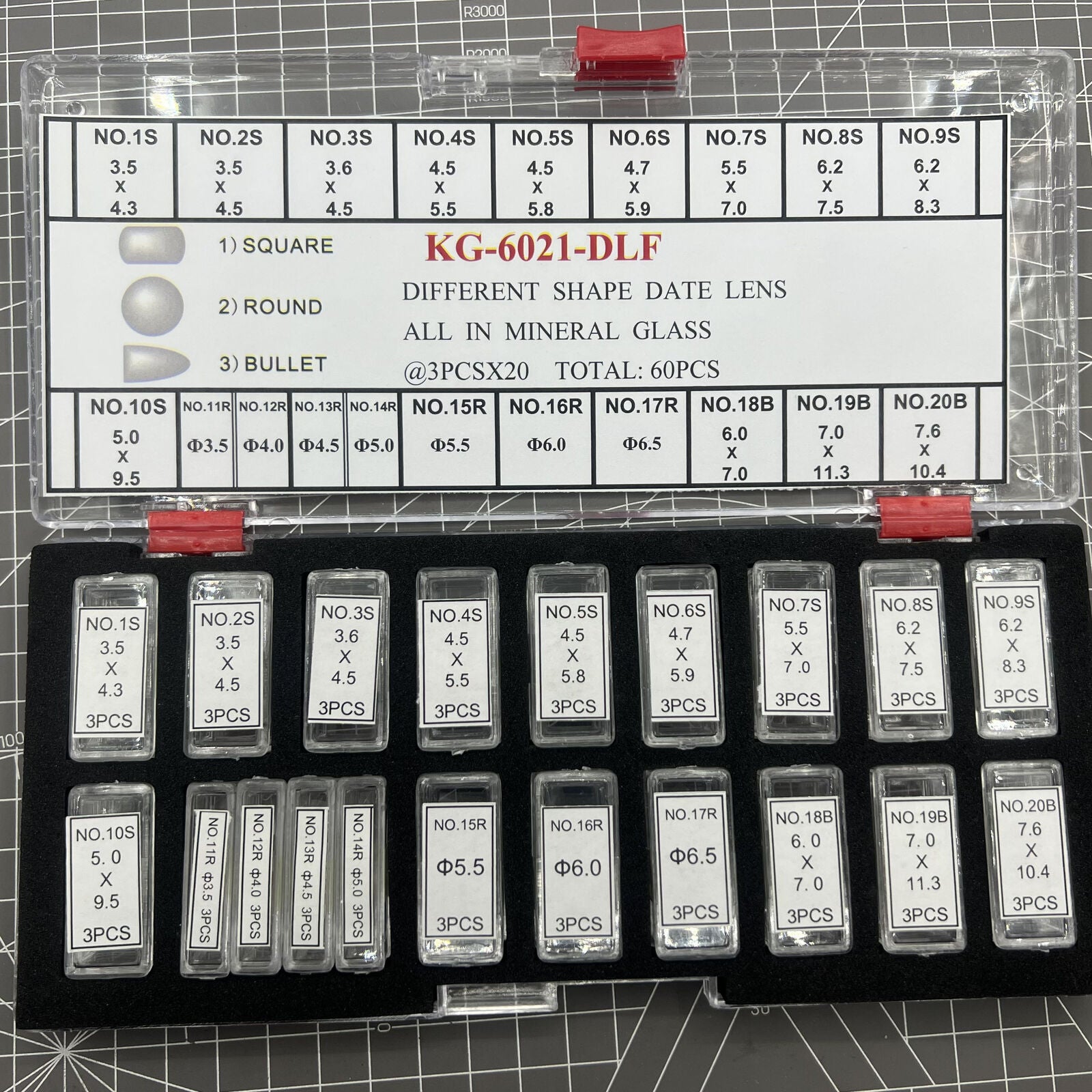 KG mineral glass date lens set, 3 sizes and assorted shapes, 60PCS box for watch accessory repairs.