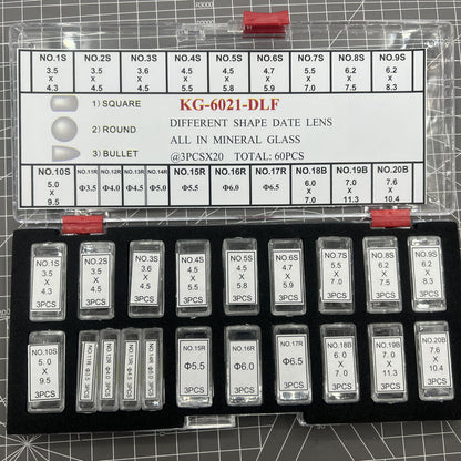 KG mineral glass date lens set, 3 sizes and assorted shapes, 60PCS box for watch accessory repairs.