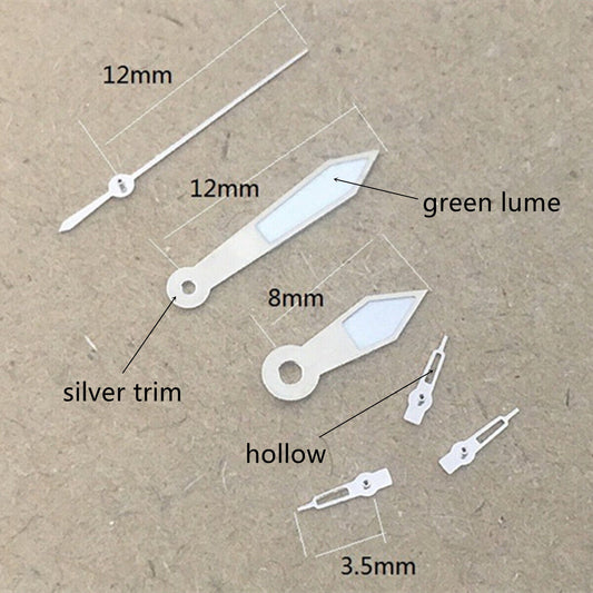 Aiguilles de montre luminescentes vertes 12 x 12 x 8 mm avec garniture argentée pour mouvement Epson VD53, VD54 et VD57