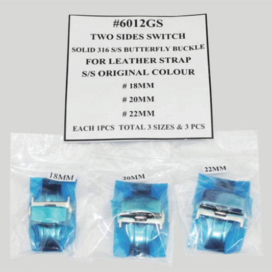 1. Stainless steel butterfly watch buckles for men's leather straps, 3-piece set by Two Sides Switch.  