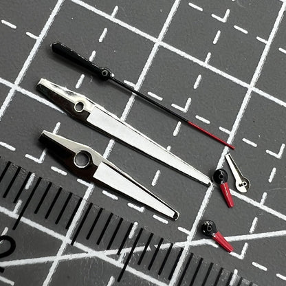 Red and white small second watch hands with silver trim for Miyota OS series, enhancing precision and style.
