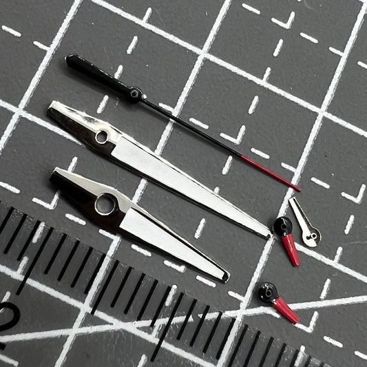 Red and white small second watch hands with silver trim for Miyota OS series, enhancing precision and style.