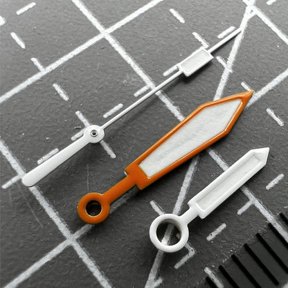 Orange and silver trimmed green lume watch hands for ETA 2836/2846/2824/2846 precision movements.