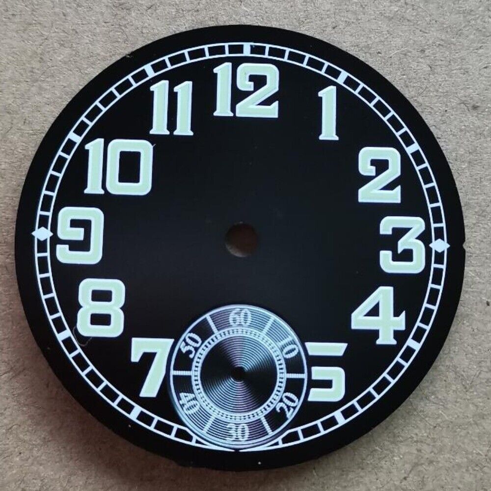 35mm black pilot watch dial with green luminous hands for ETA6498 men's watch, perfect for precise timekeeping.