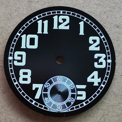 35mm black pilot watch dial with green luminous hands for ETA6498 men's watch, perfect for precise timekeeping.