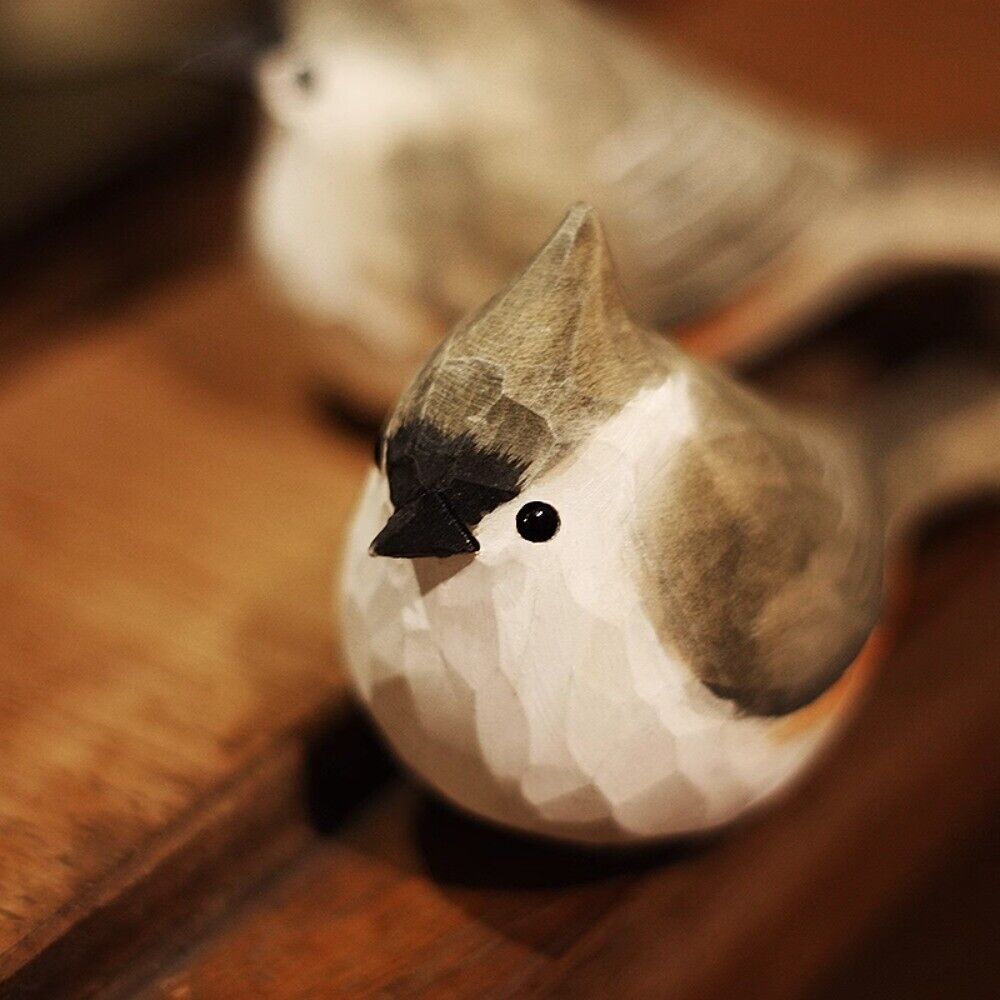 Handmade grey tit bird figurine carved from wood, decorative collectible for home display