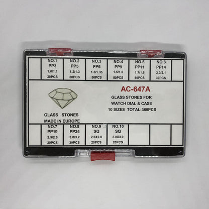 AC-647A glass stones set for watch dials, 10 sizes, 360 pieces for stylish accessories.