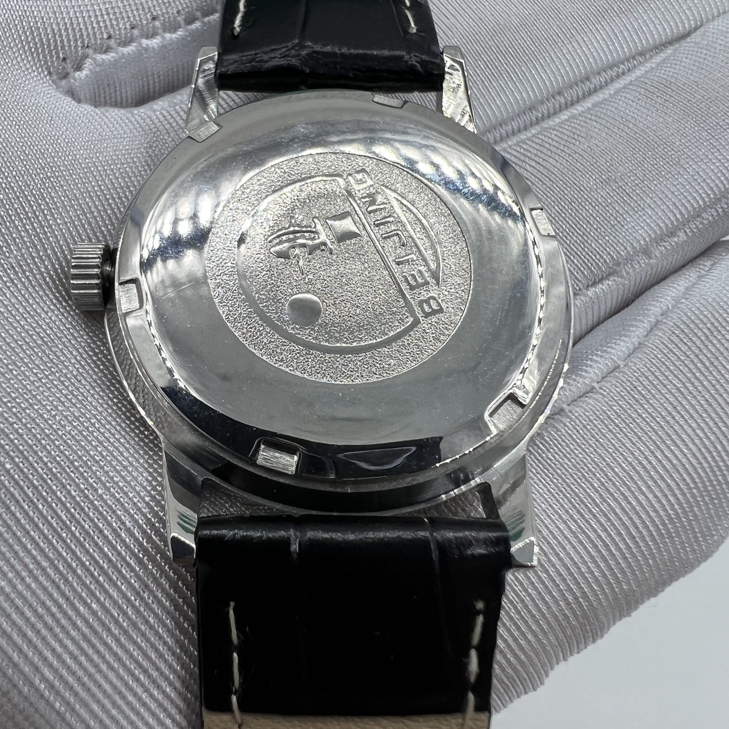 Beijing 36mm Double Rhomb watch with silver case and manual mechanical movement, featuring silver hour markers.