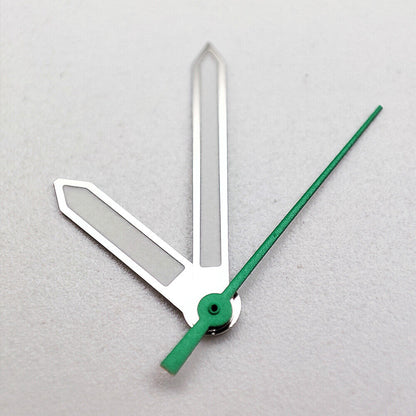 Silver trim green luminous watch hands for NH35A/NH36A/4R36 movements, enhancing visibility and precision.
